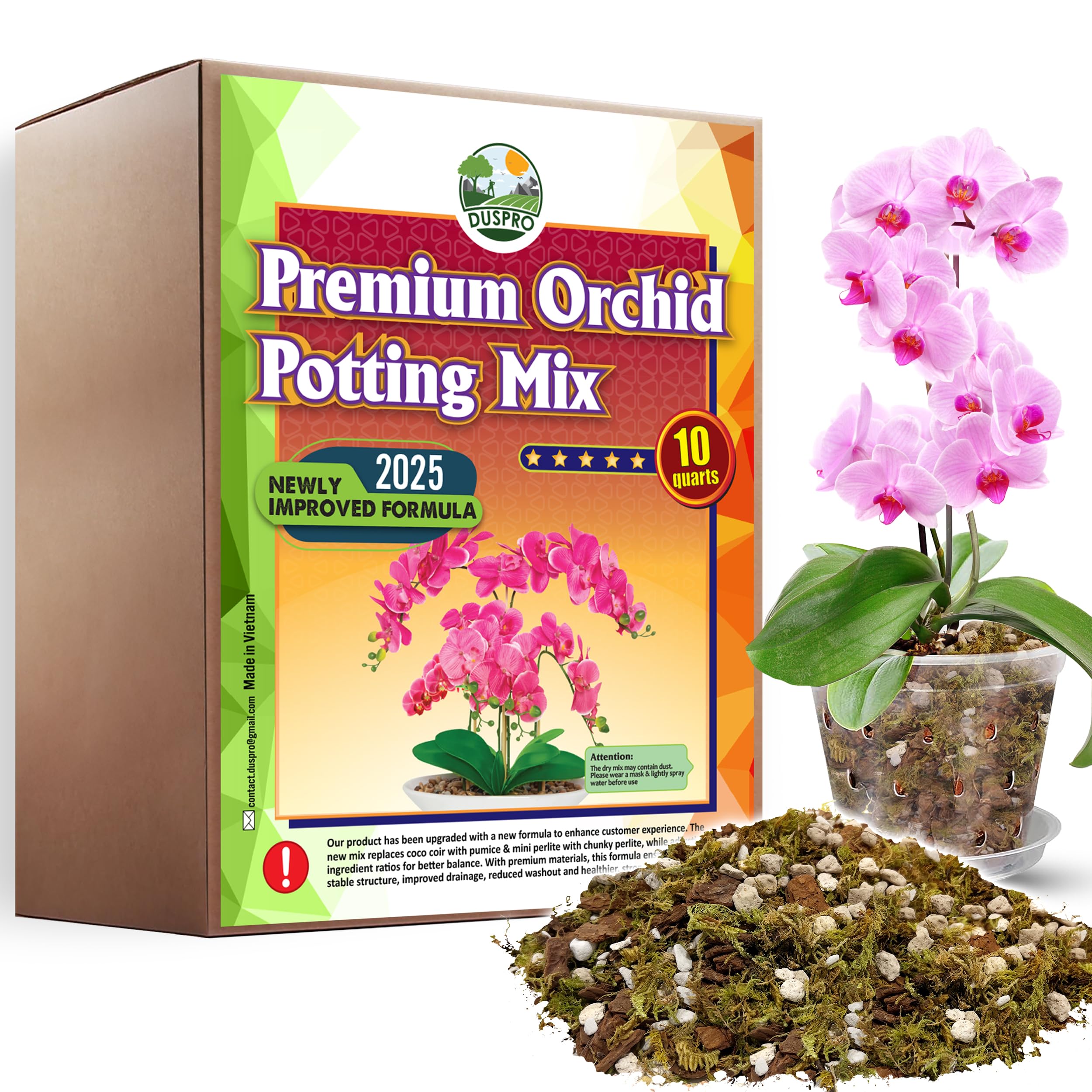 Duspro orchid potting mix upgraded formula enhances aeration for healthier roots.