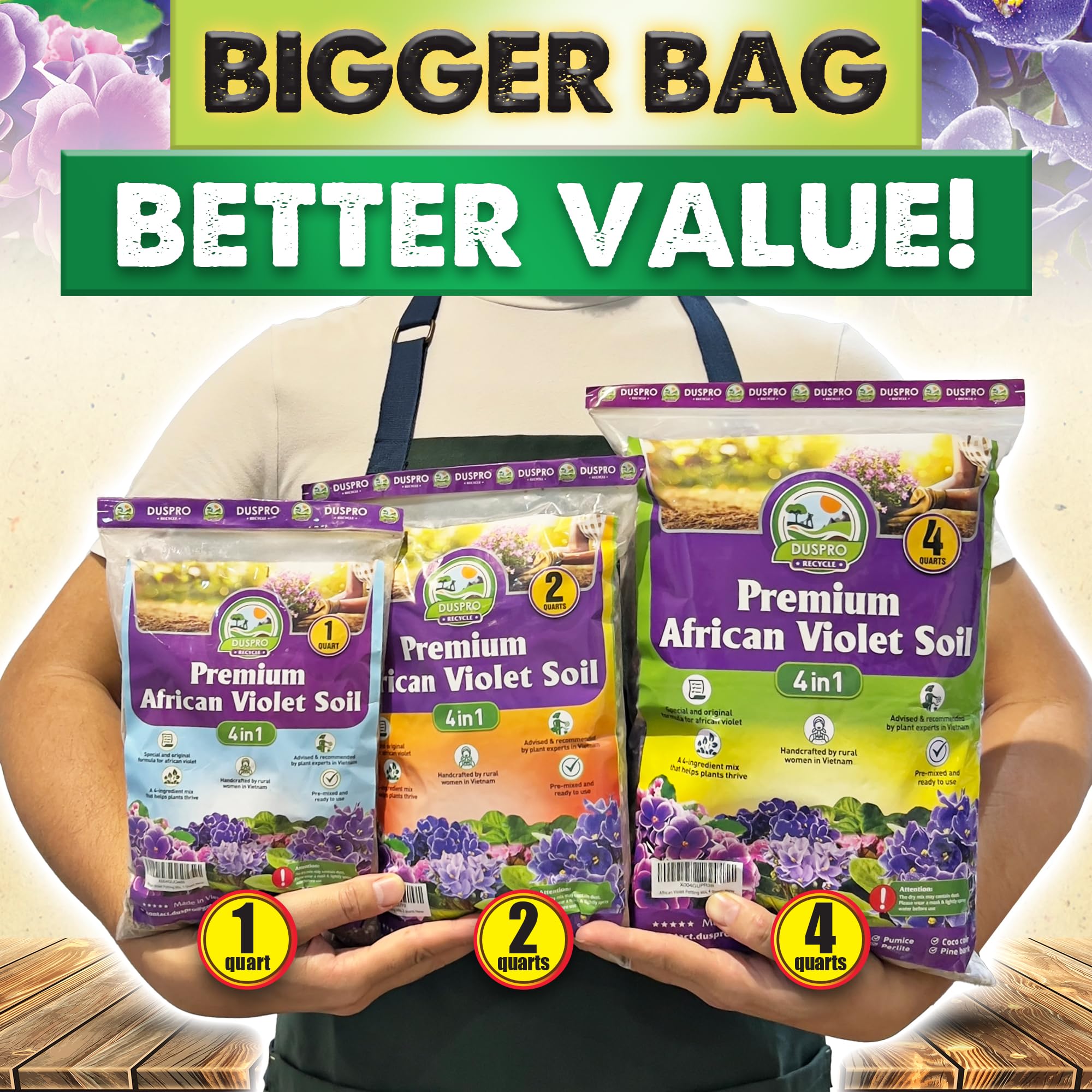 Indoor setup with Duspro 4-in-1 soil promoting vibrant African violet blooms.