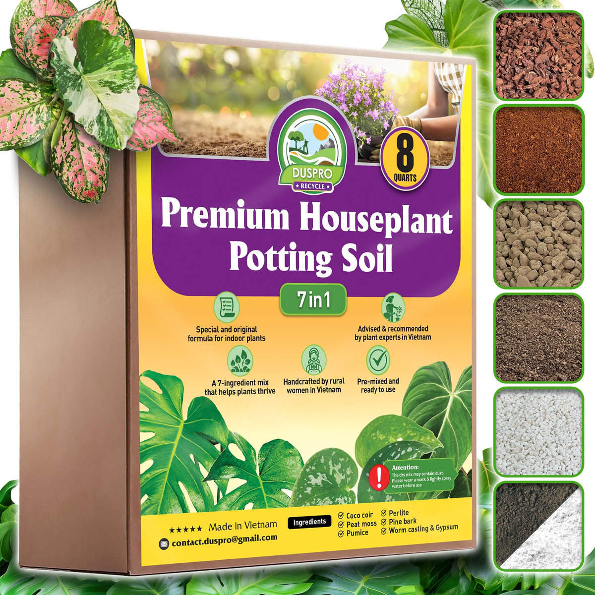 Duspro Recycle 8Qt bag front view, ready-to-use indoor plant soil for quick setup