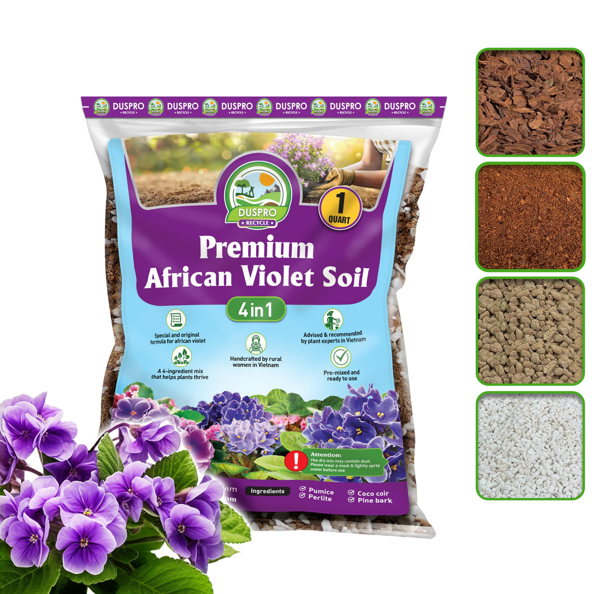 Duspro Recycle Premium 4-in-1 African Violet Soil Bag ready for indoor plantings.