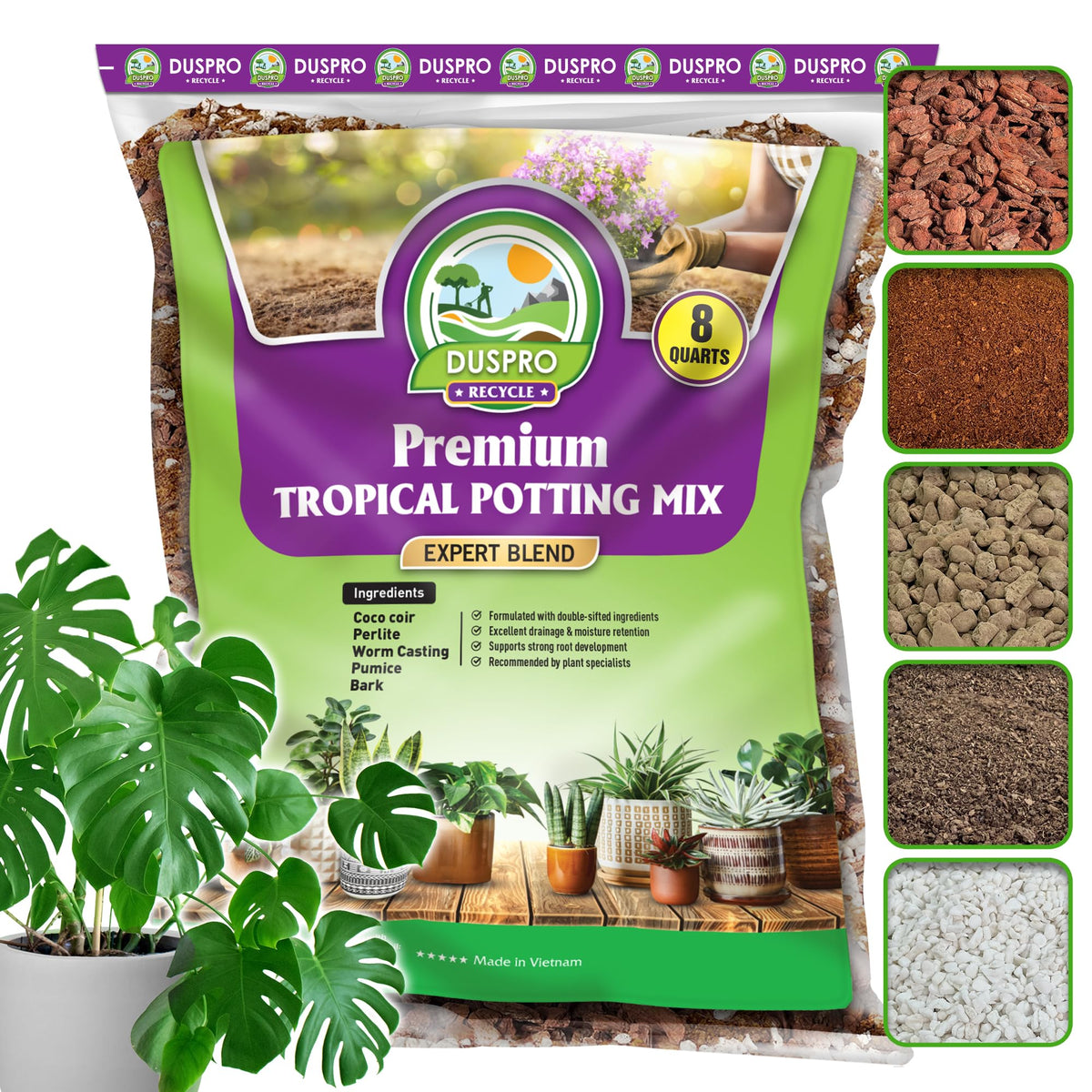 Duspro Recycle Tropical Potting Mix bag ideal for quick planting and lush growth