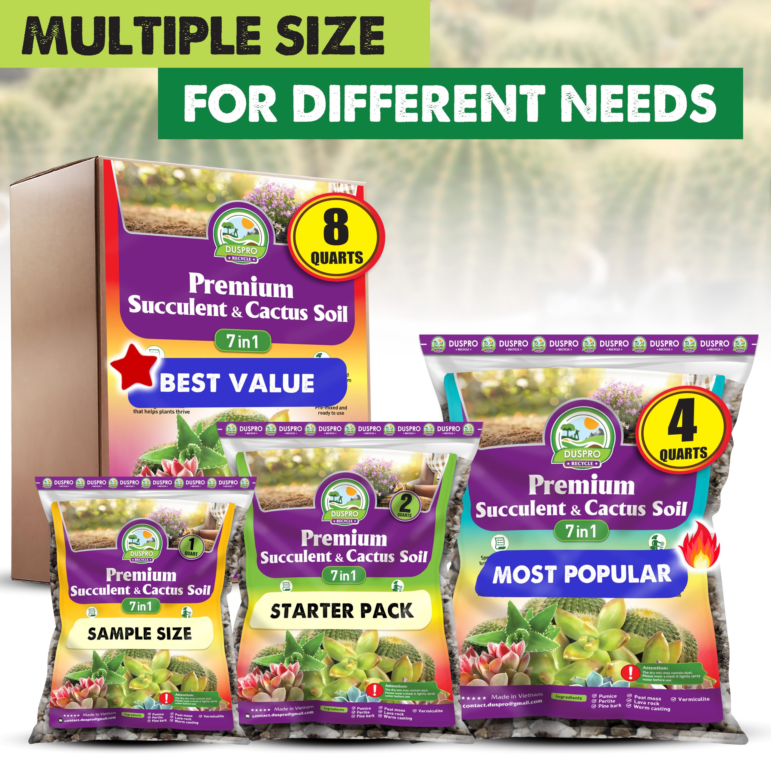 Duspro succulent potting mix in sizes from 1qt to 2qt for pots.