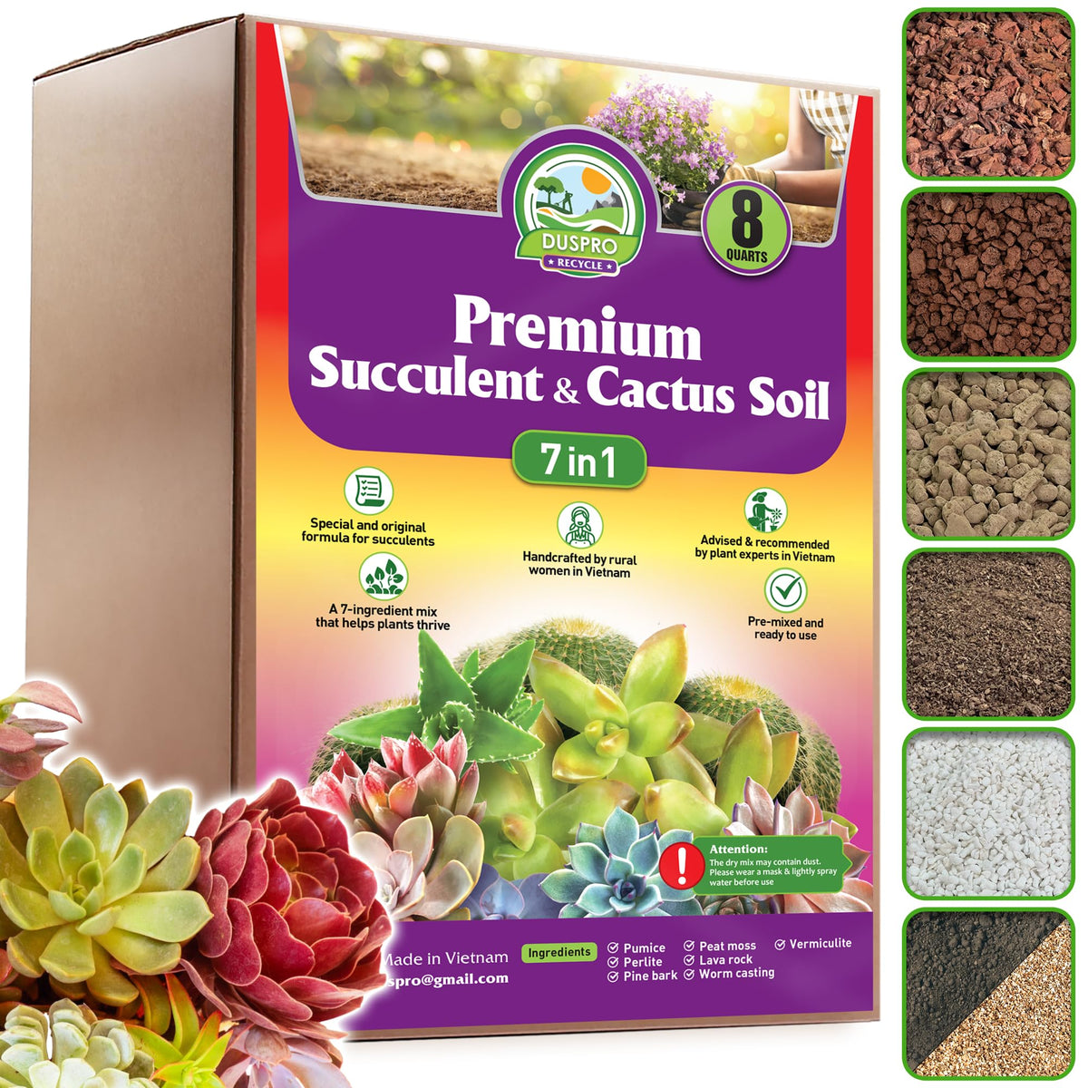 Duspro Succulents Soil 7-in-1 blend in bag promoting healthy root growth.