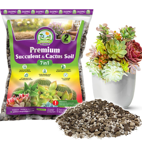 Duspro succulents soil bag front highlights 7-in-1 blend for healthy roots