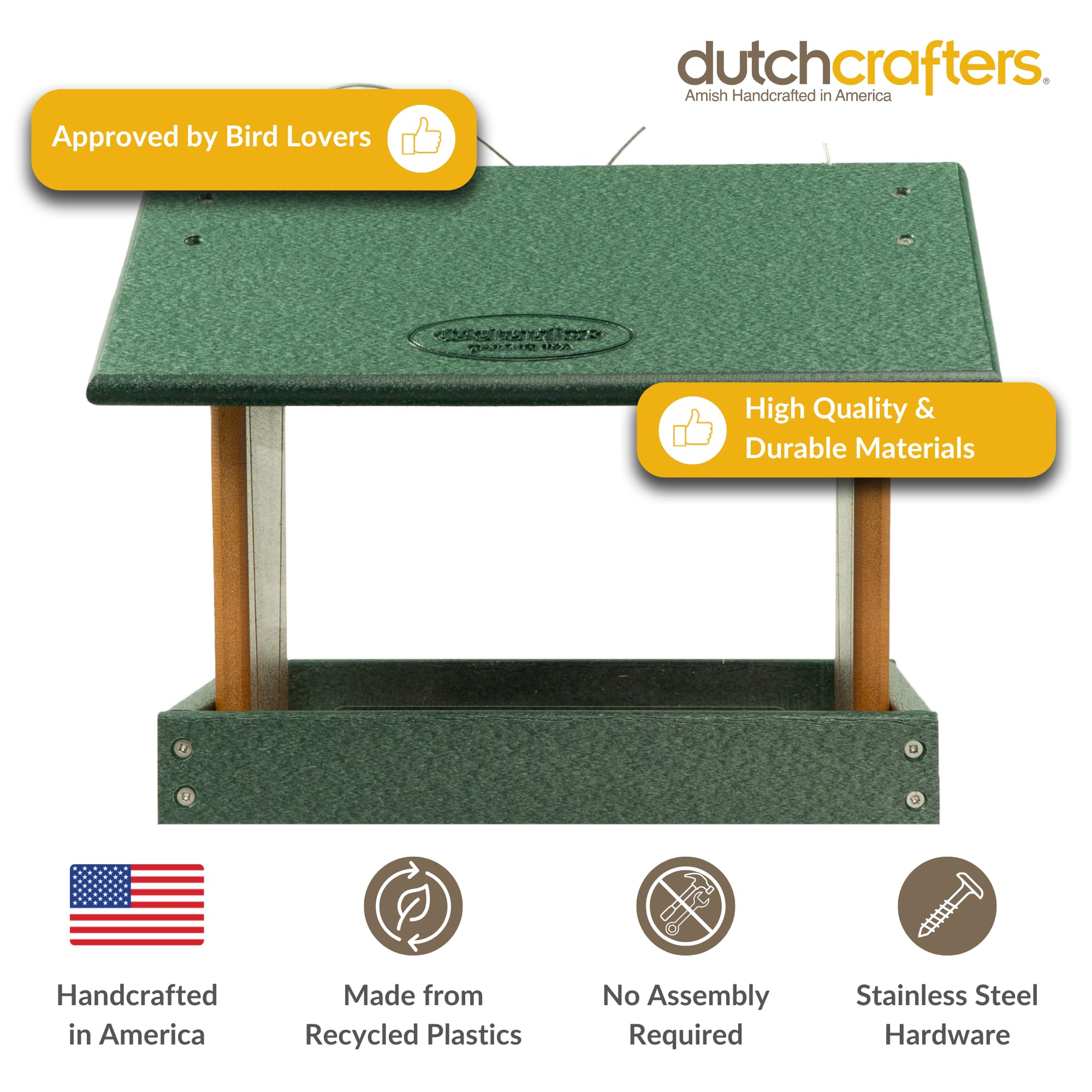 DutchCrafters Poly Hanging Hopper Feeder roof open for easy filling