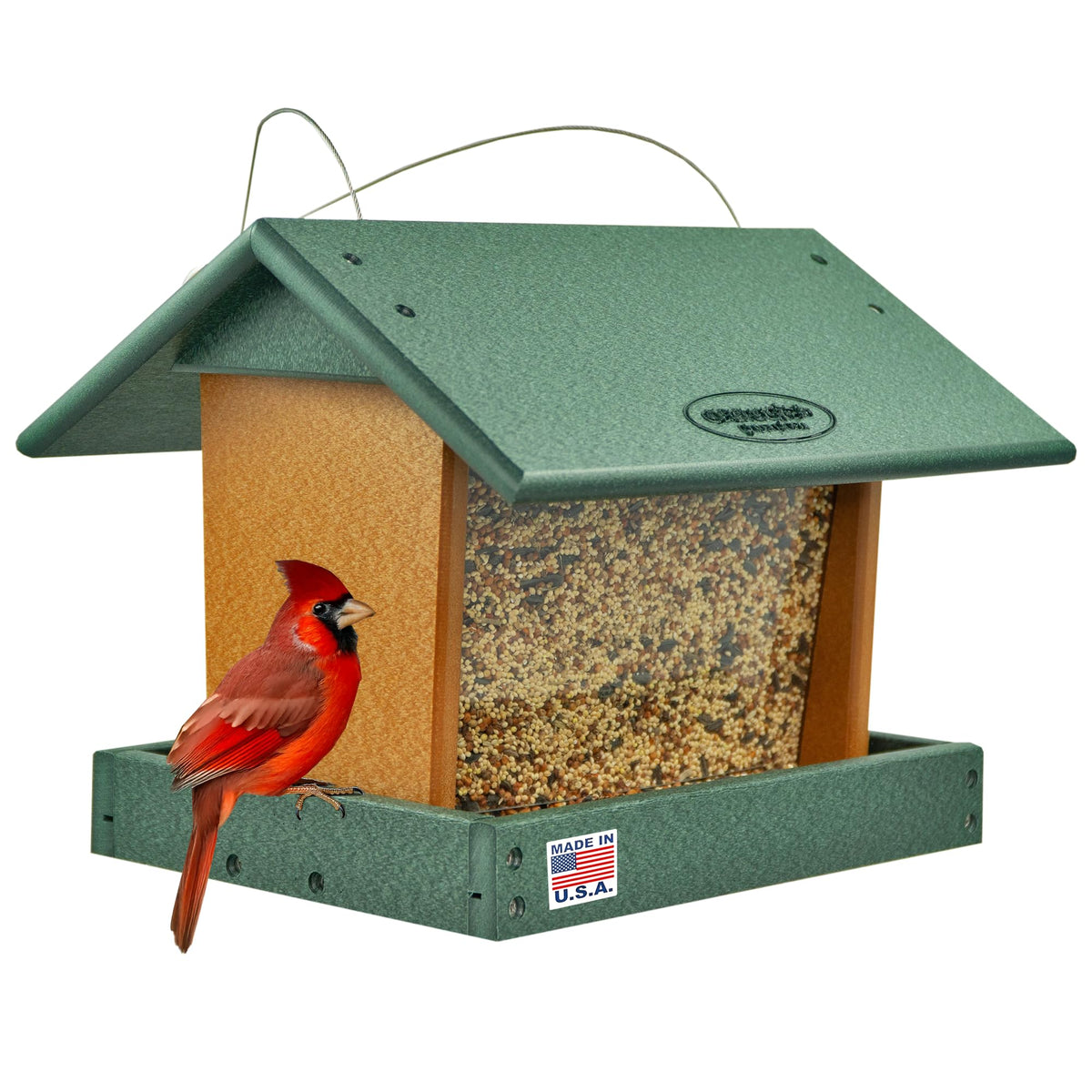 DutchCrafters Poly Hanging Hopper Feeder in turf green for durable outdoor use