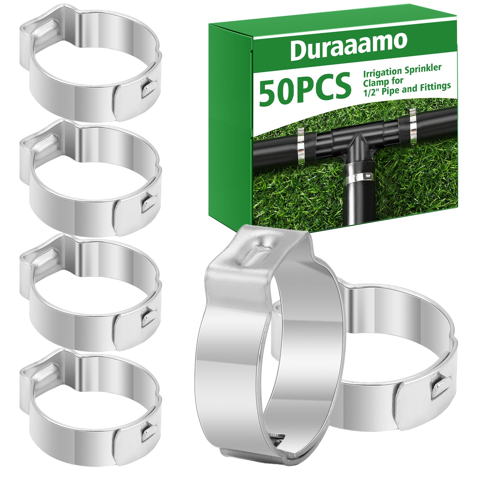 Duraaamo half-inch hose clamp pack securing irrigation lines with leak-proof fit.