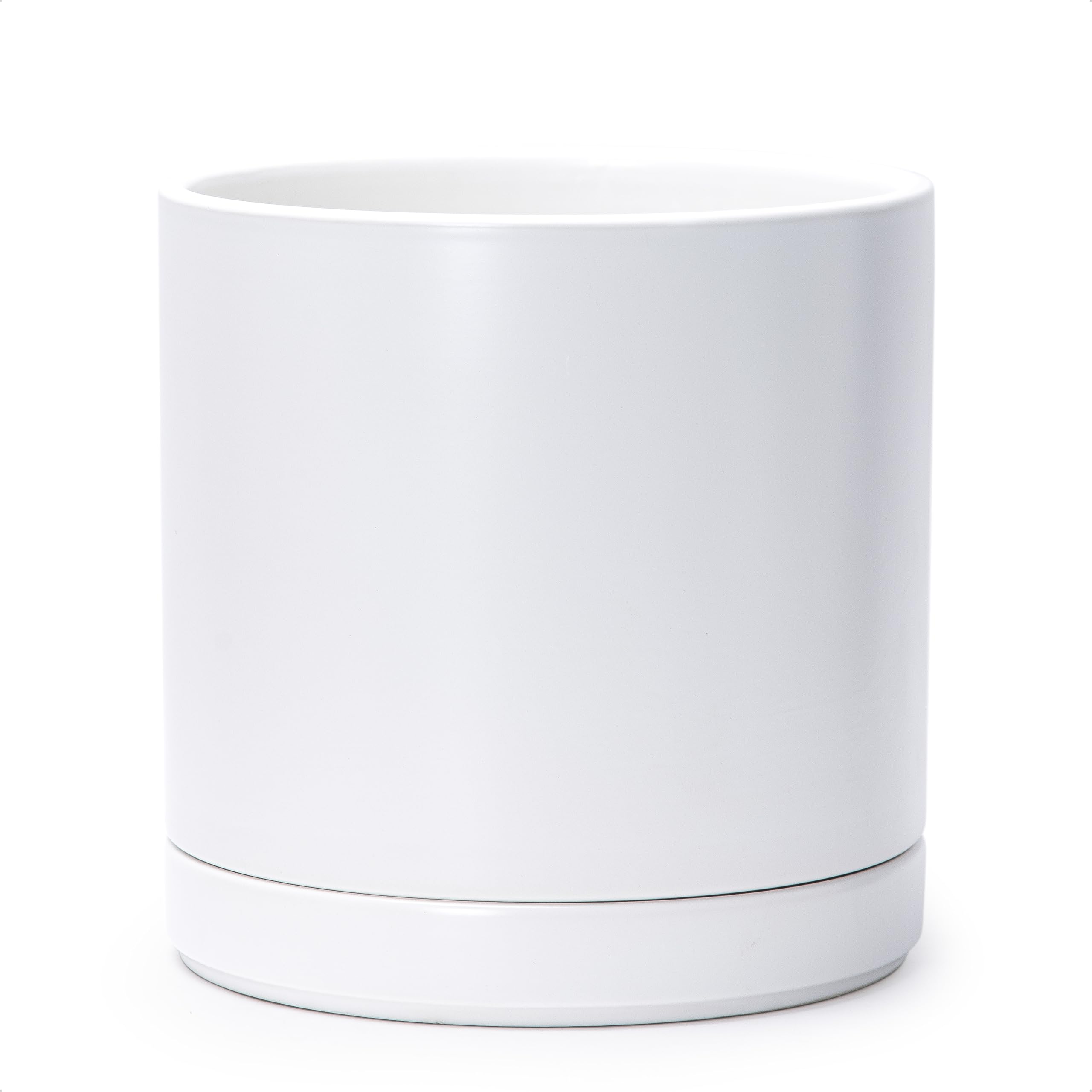D'vine Dev 10in ceramic planter front view shows sleek white cylinder for stylish indoor display