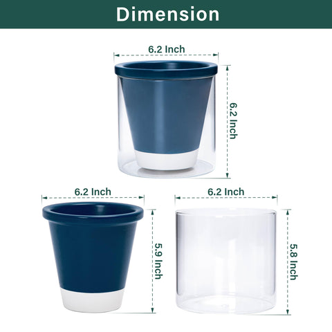 Dvine Dev blue terracotta planter shown from side with glass water reservoir