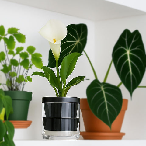 Close-up of the black terracotta pot and clear glass cup