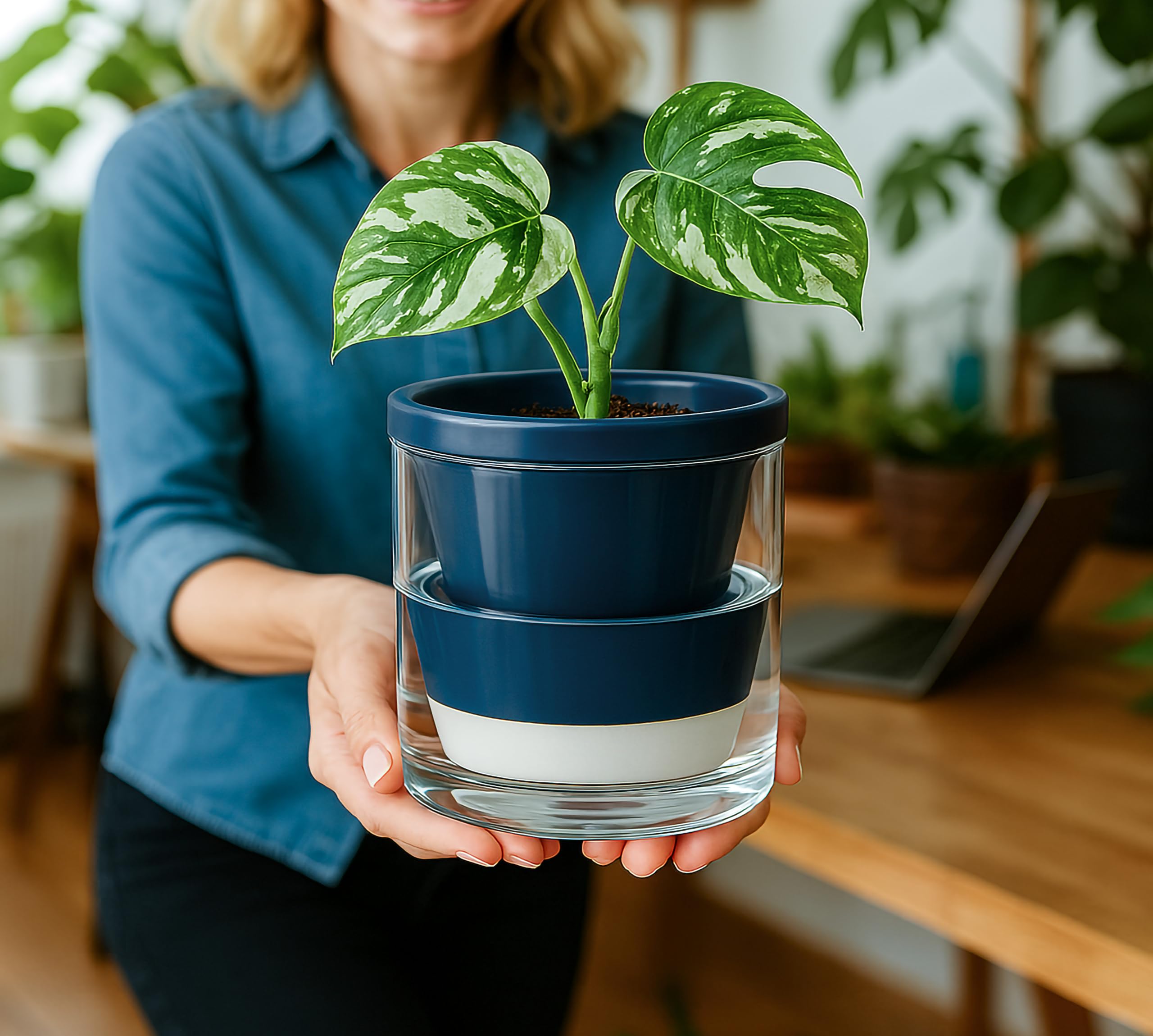 D'vine Dev cylinder glass cup detail highlights transparent reservoir for monitoring water.