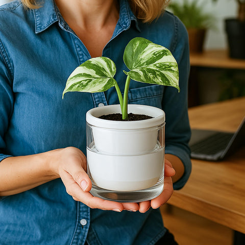 Planter on bright desk beside herbs for home use.