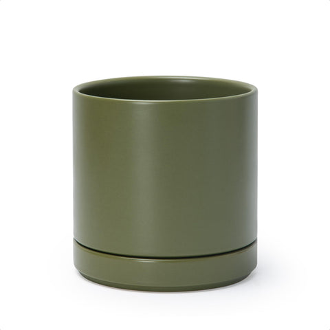 D'vine Dev olive ceramic planter front view enhances indoor decor with a sleek cylindrical form.