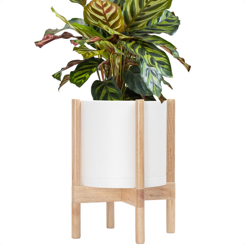 D'vine Dev Planter Pot 10in matte white with wood stand enhances indoor decor for real or faux plants.