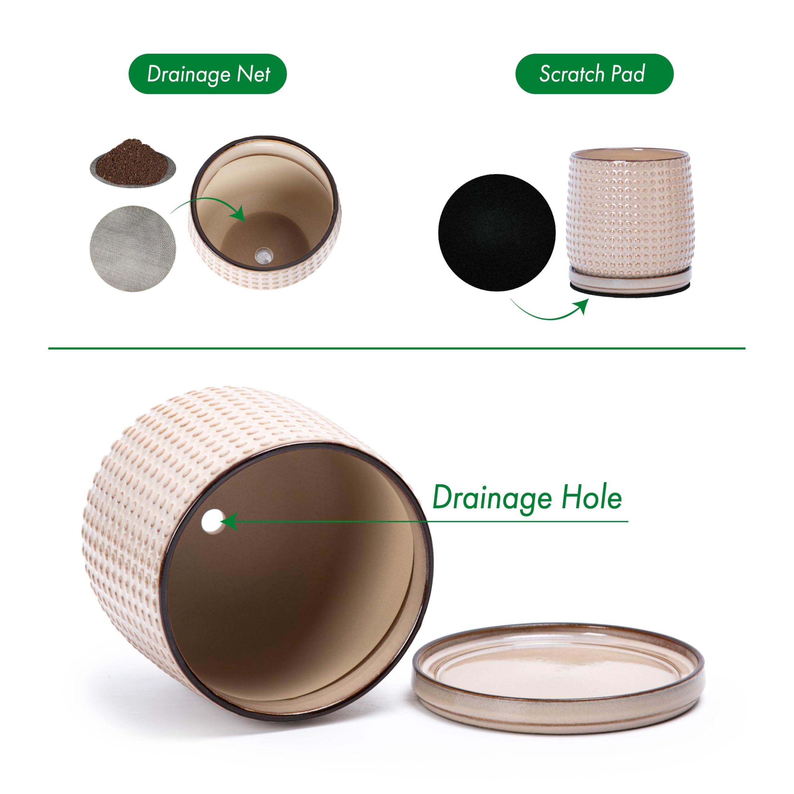 D'vine Dev detachable ceramic saucer protects surfaces during watering.