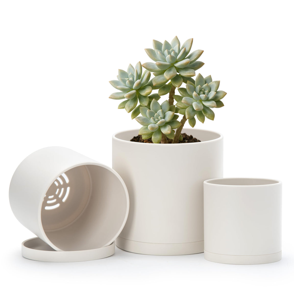 Dvine Dev planter set of 4, 5, and 6 inches with drainage holes for easy watering.