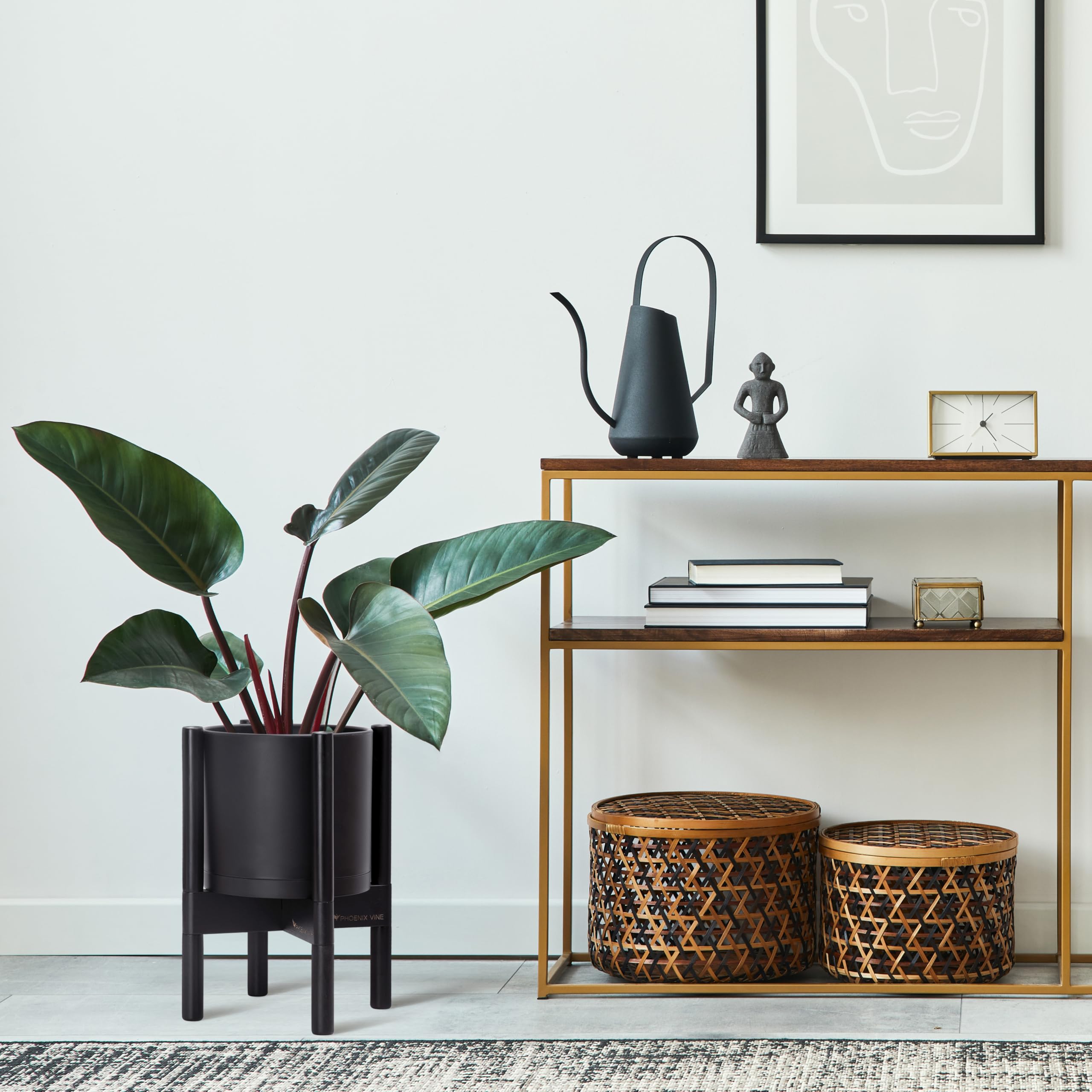 D'vine Dev ebony wood stand complements the pot for a polished living room display.