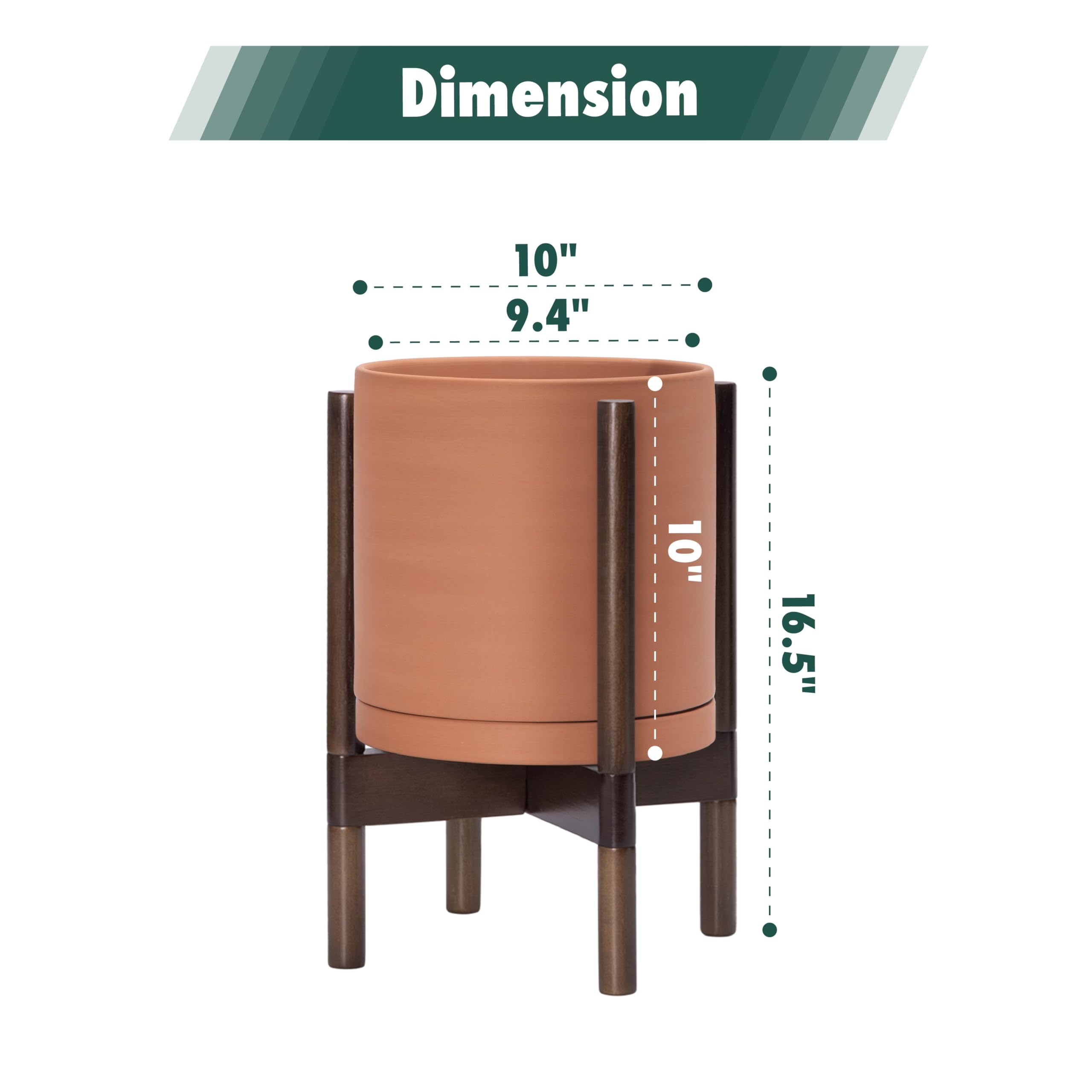 Walnut wood stand detail complements the matte terracotta finish.
