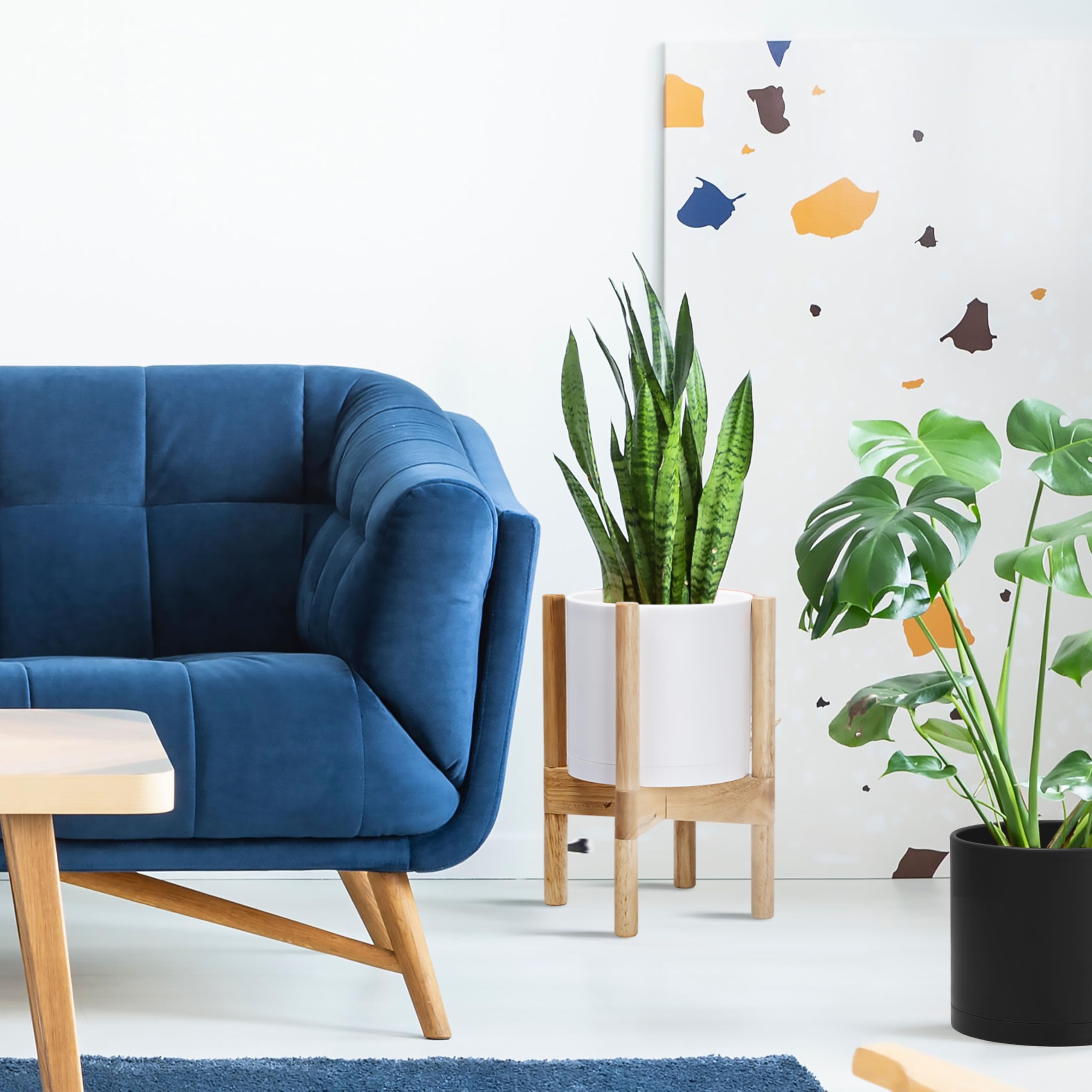 Dvine Dev natural wood stand complements the matte white planter for stylish indoors.