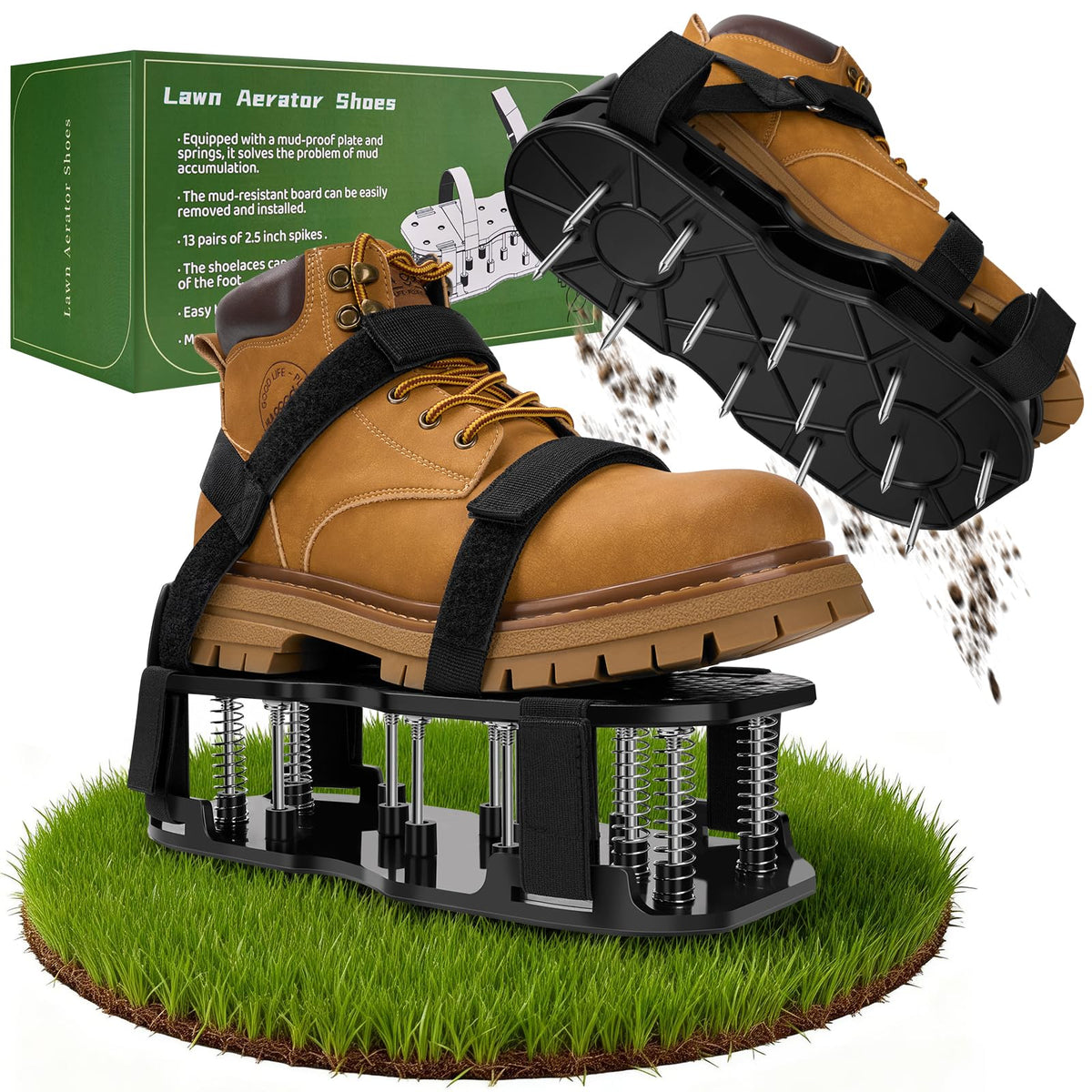 DWAEEGG lawn aerator shoes overview with self-cleaning design for mess-free use