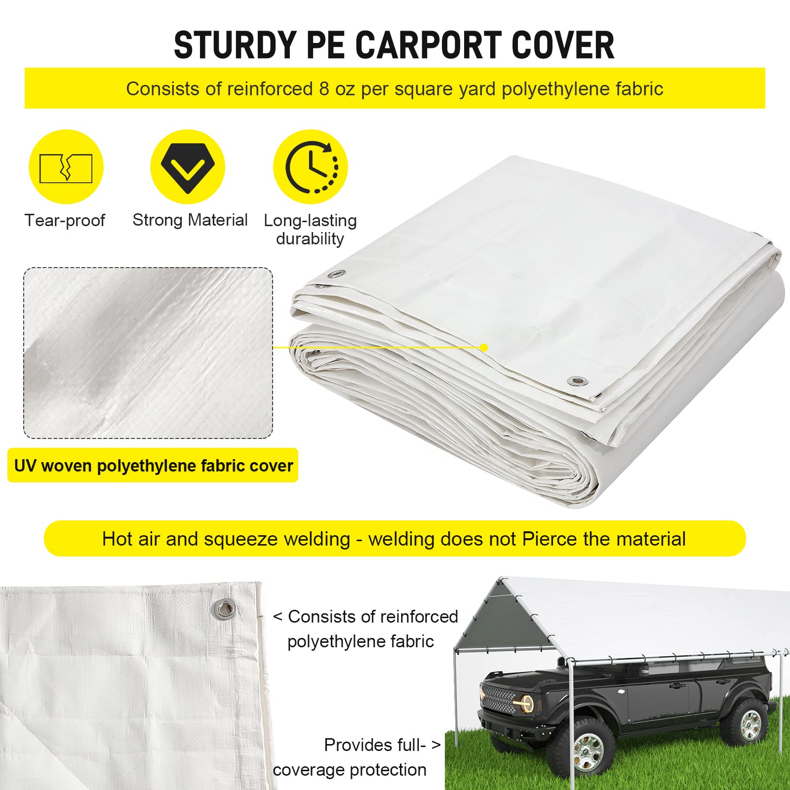 DWALE 10x20 carport cover with 48 ball bungee cords for fast, tool-free setup.