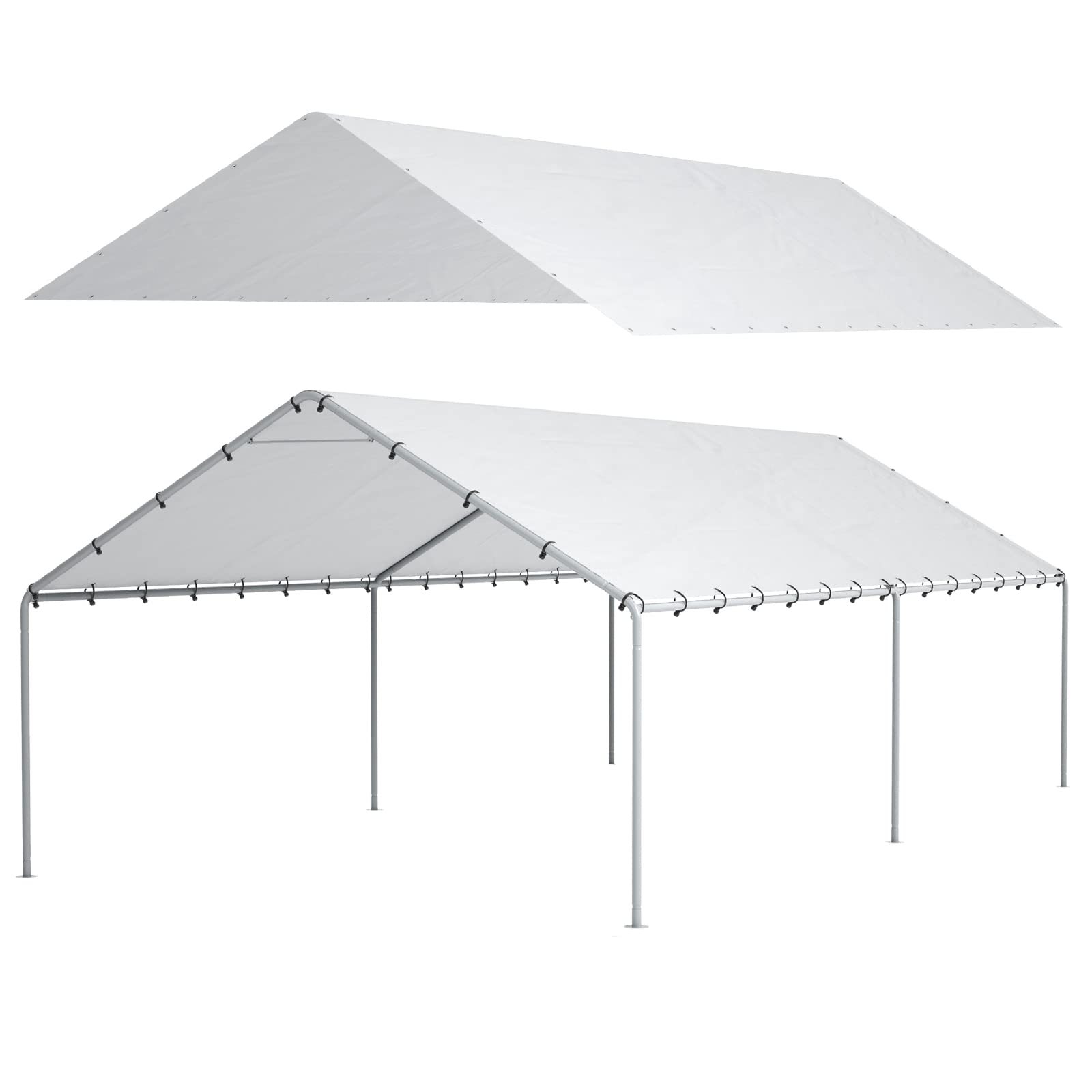DWALE 10x20 carport cover front view shows waterproof, UV-protected fabric for all-weather protection.
