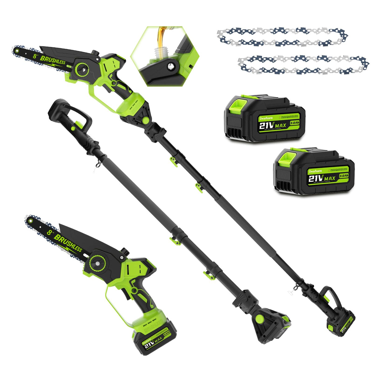 Dwarfuarm 2-in-1 cordless pole saw extended reach for high branches.