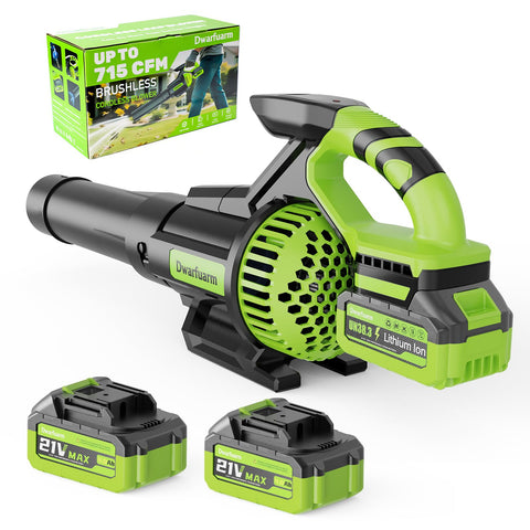 Dwarfuarm cordless leaf blower showing 715 CFM airflow for fast yard cleanup on patios and driveways