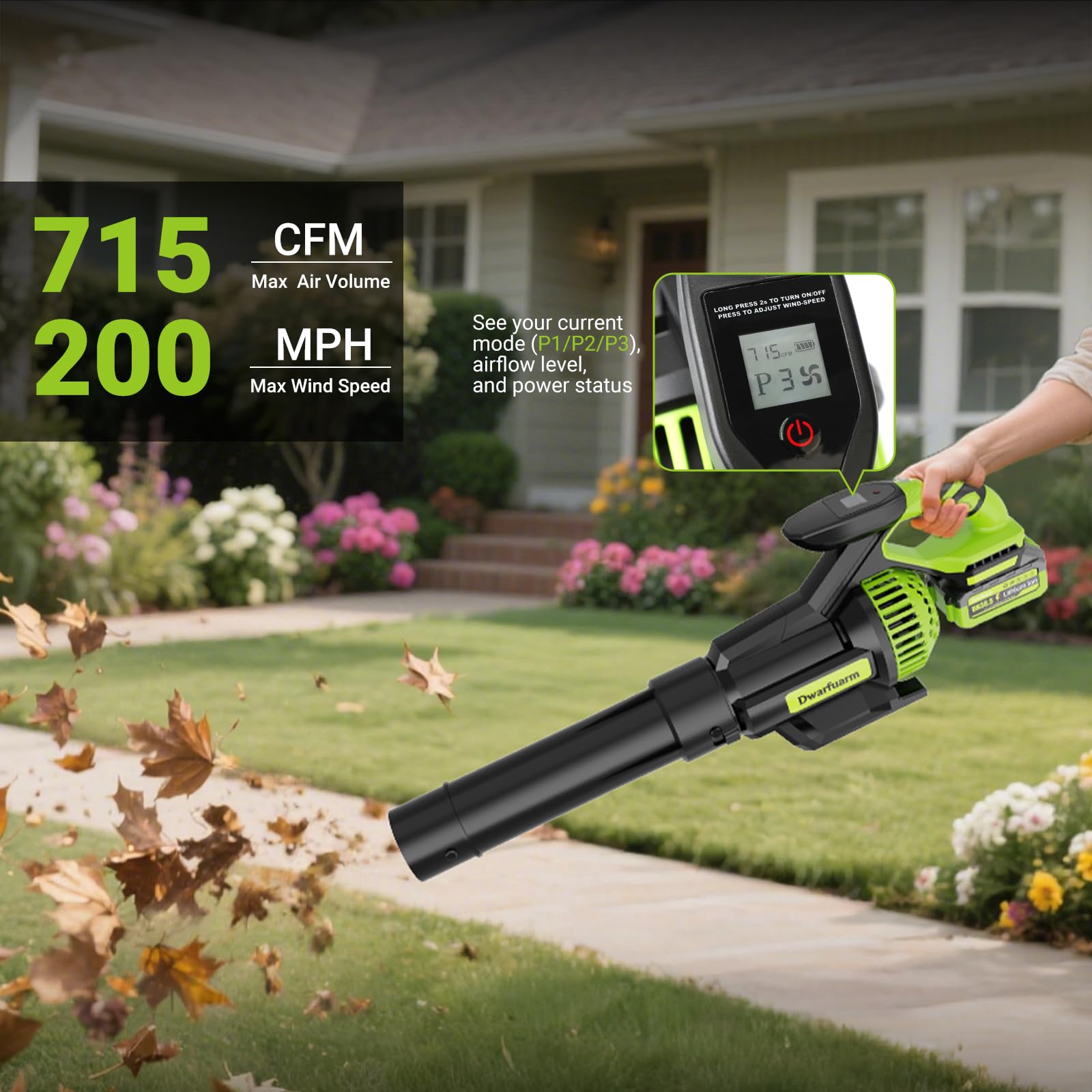 Dwarfuarm blower delivering 200 mph wind speed for quick debris removal