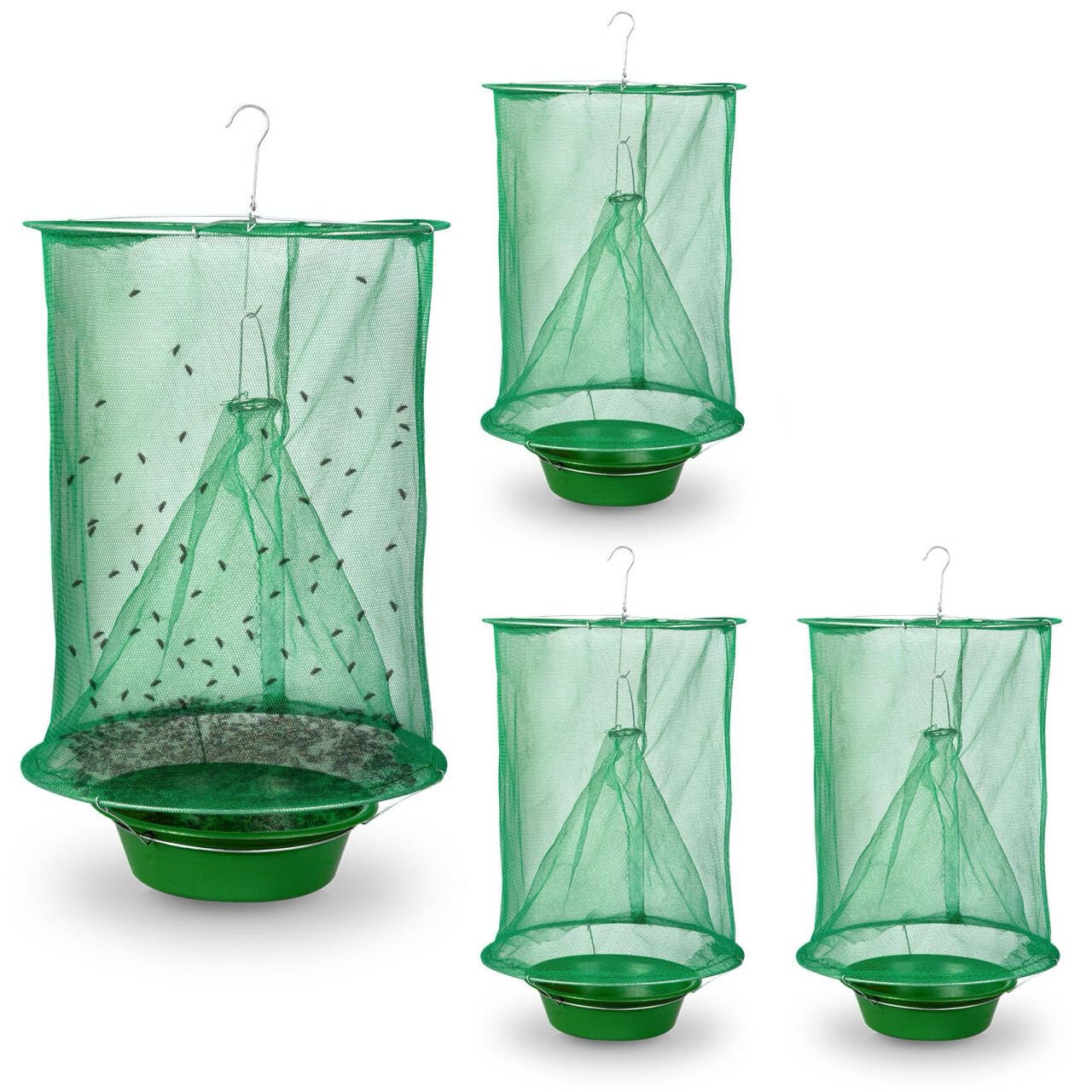Dwcom Trap four-pack hanging fly trap exterior attracts flies for outdoor control.