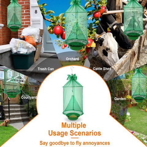 Dwcom Trap in garden setting highlights pet-safe fly control.