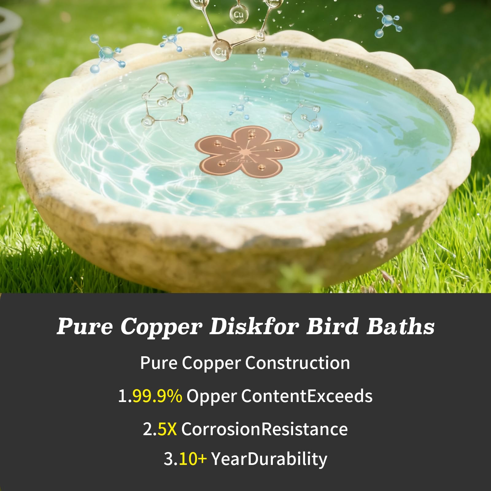 DWEHSHIELD copper disk installed on an outdoor bird bath.
