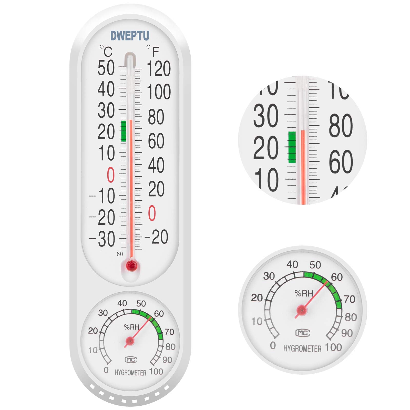 DWEPTU dual-gauge thermometer-hygrometer shows temperature and humidity at a glance for indoors or outdoors.