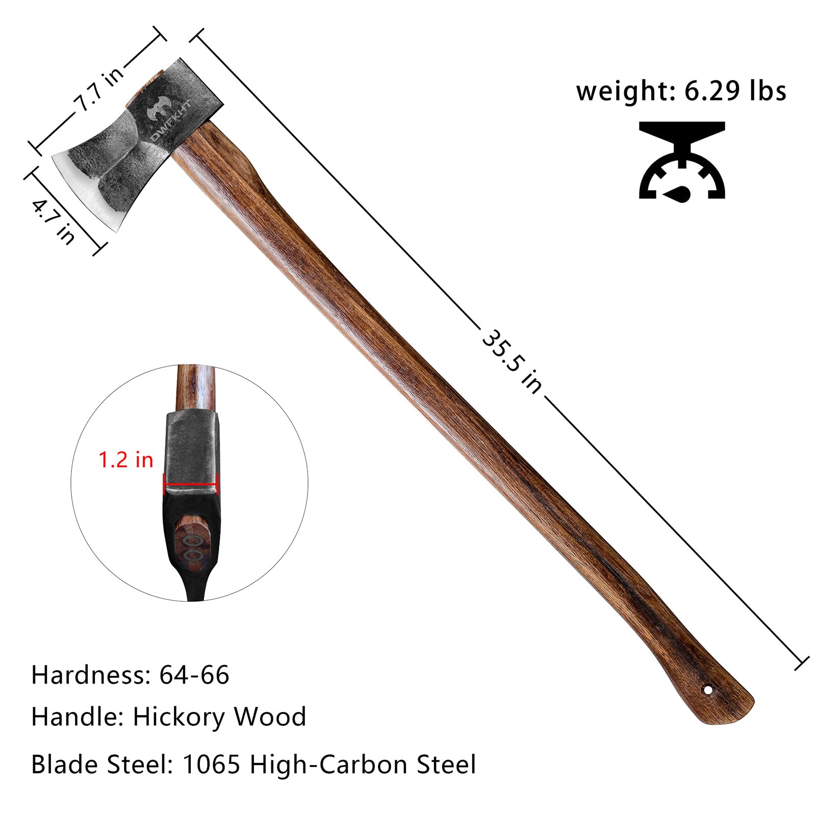 DWFKHT splitting axe with hickory handle for strong, stable grip