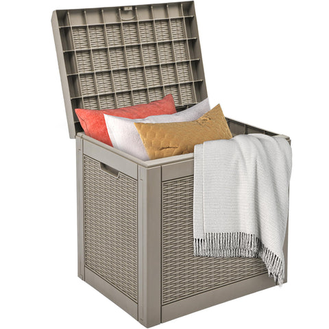 DWVO 32-gallon brown outdoor storage box lid protects cushions.