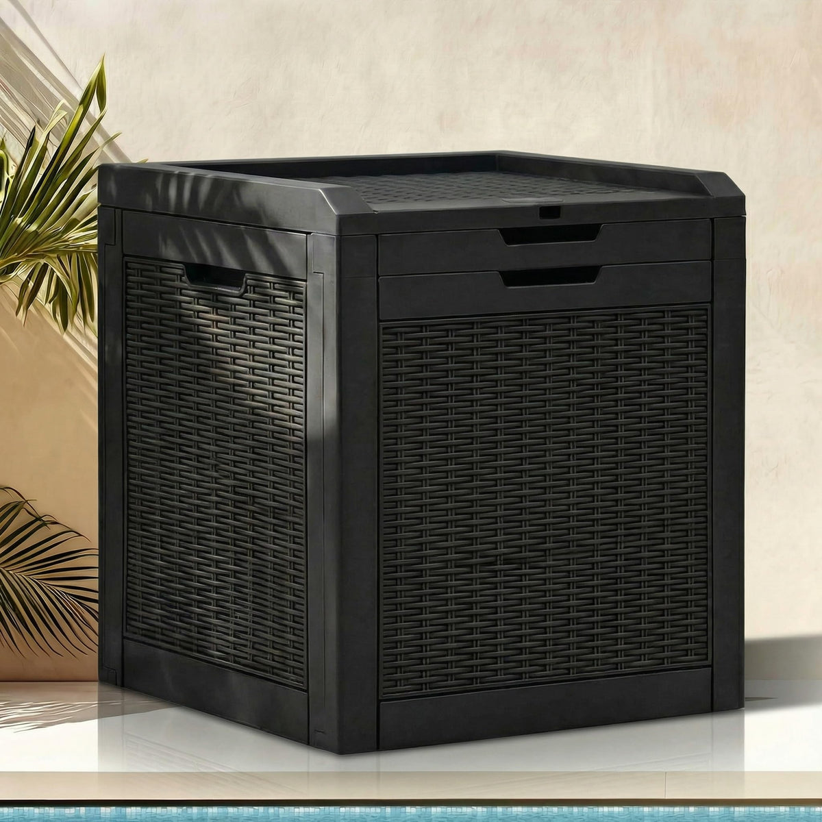 DWVO 32-gallon storage box with closed lid for weatherproof outdoor storage.