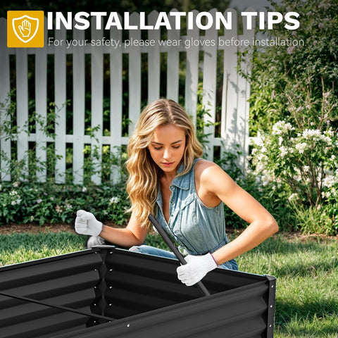 DWVO galvanized metal planter box with gloves for easy setup.