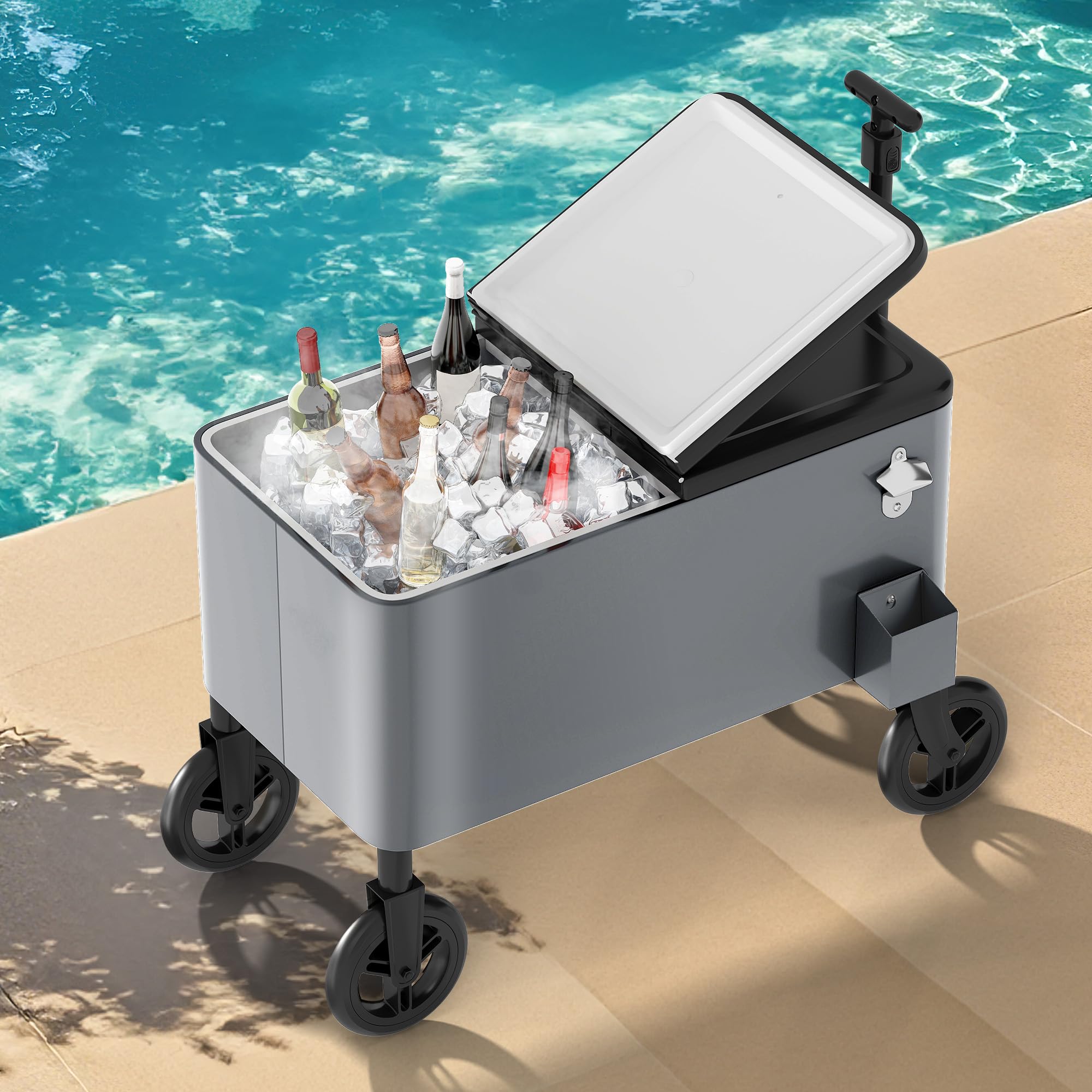 DWVO outdoor cooler cart with XL wheels navigates sand and grass smoothly