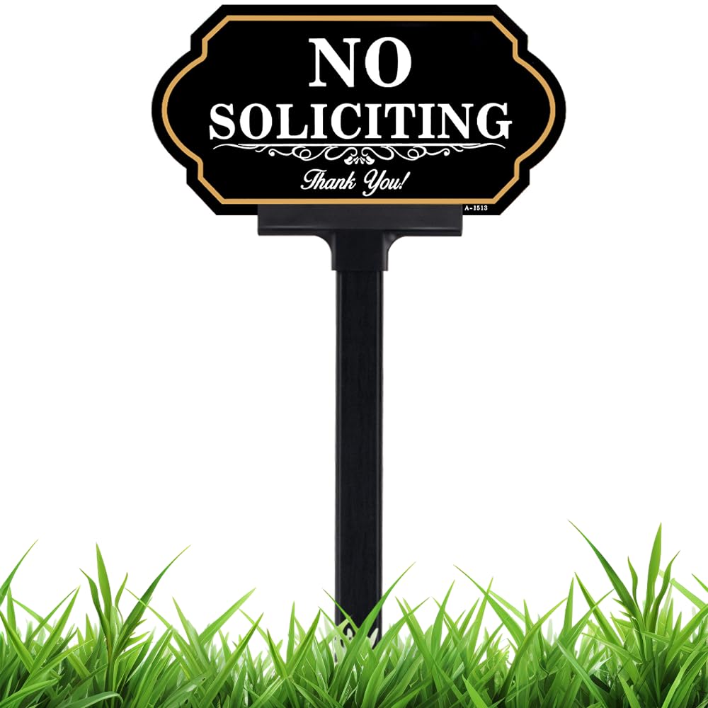 DXSIGN No Soliciting Sign with black and gold lettering catches attention at the front door