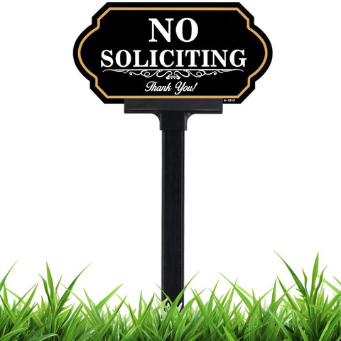 DXSIGN No Soliciting Sign with black and gold lettering catches attention at the front door