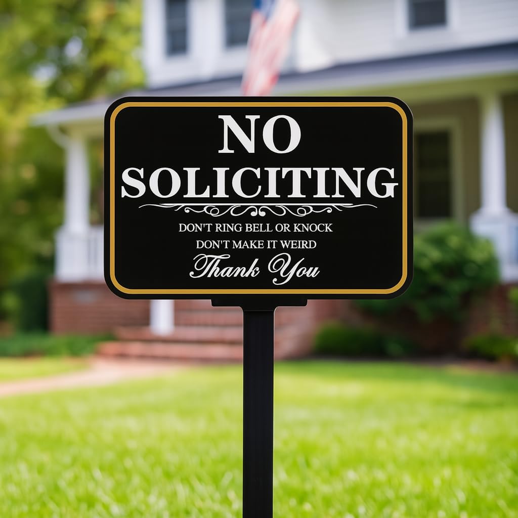 DXSIGN No Soliciting sign with reflective surface for night readability.