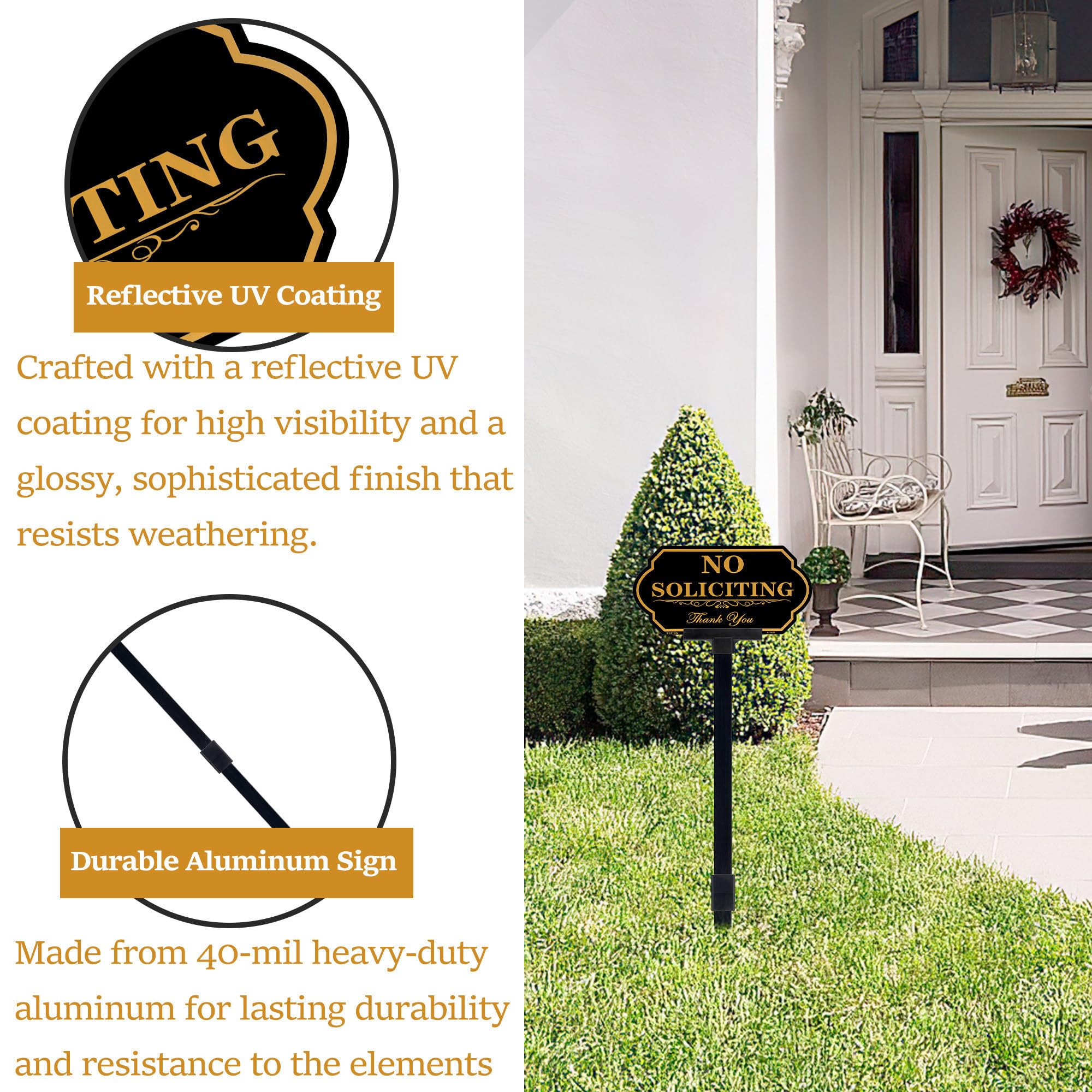 DXSIGN No Soliciting stake-installation demonstrates screw-free setup up to 36 inches.