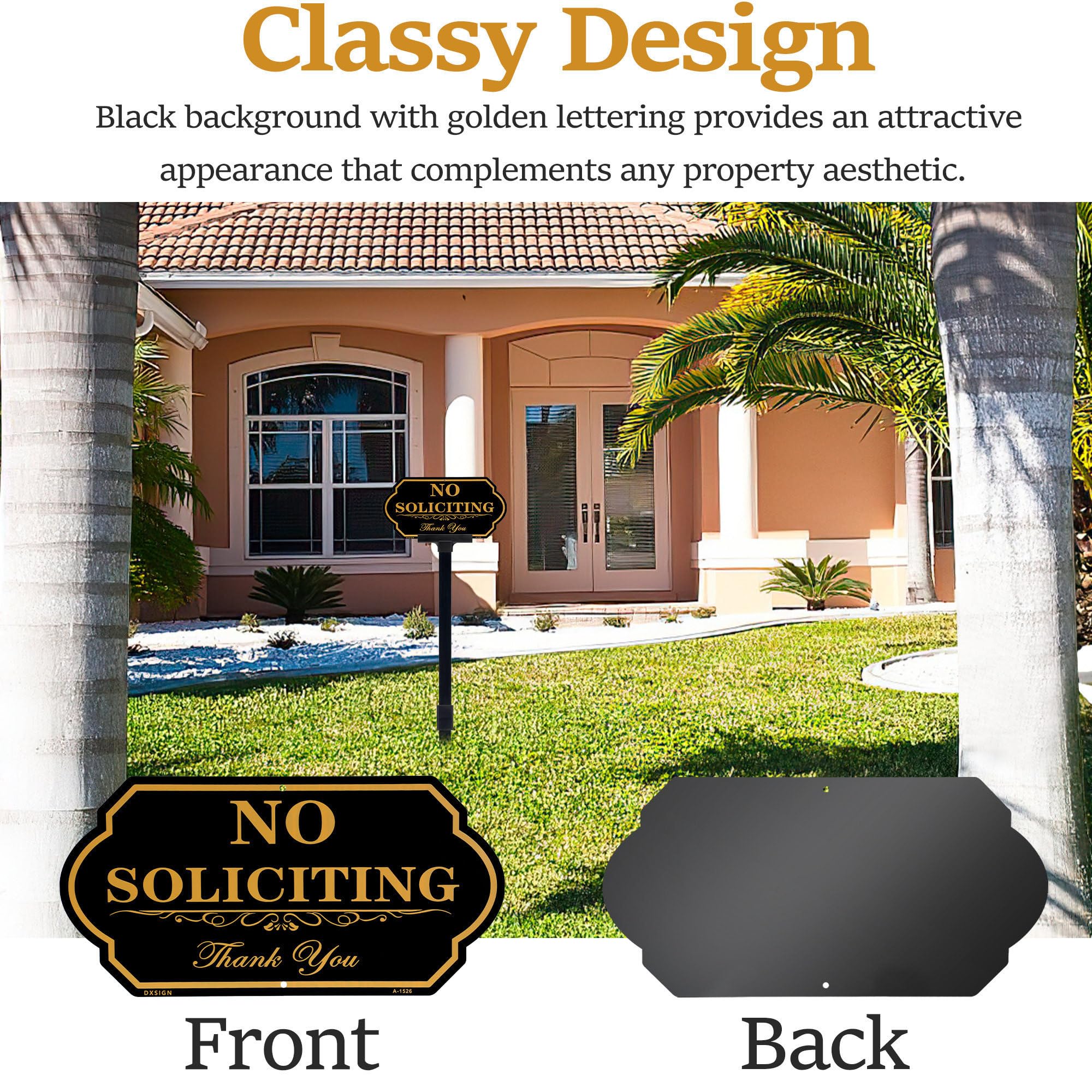 DXSIGN No Soliciting with reflective UV coating for day and night visibility.