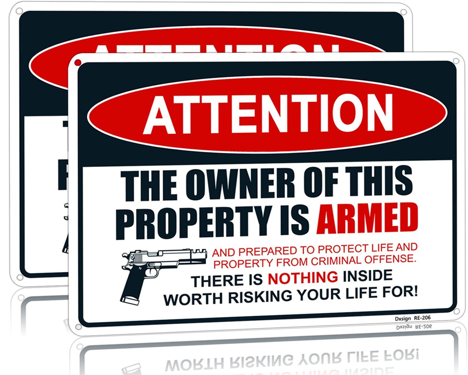 Dxsigns attention sign enhances outdoor visibility with bold red lettering.