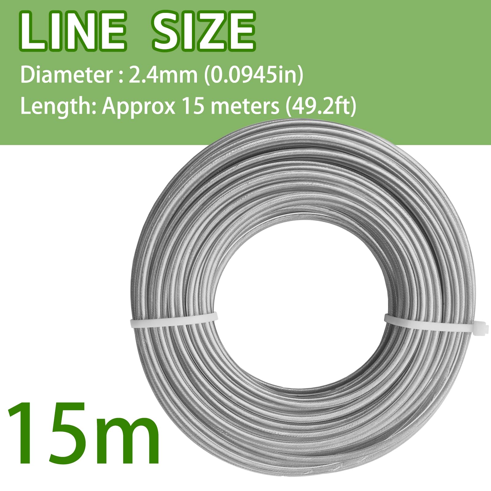 Close-up of DY.2ten trimmer line showing steel core and nylon outer for durable cuts