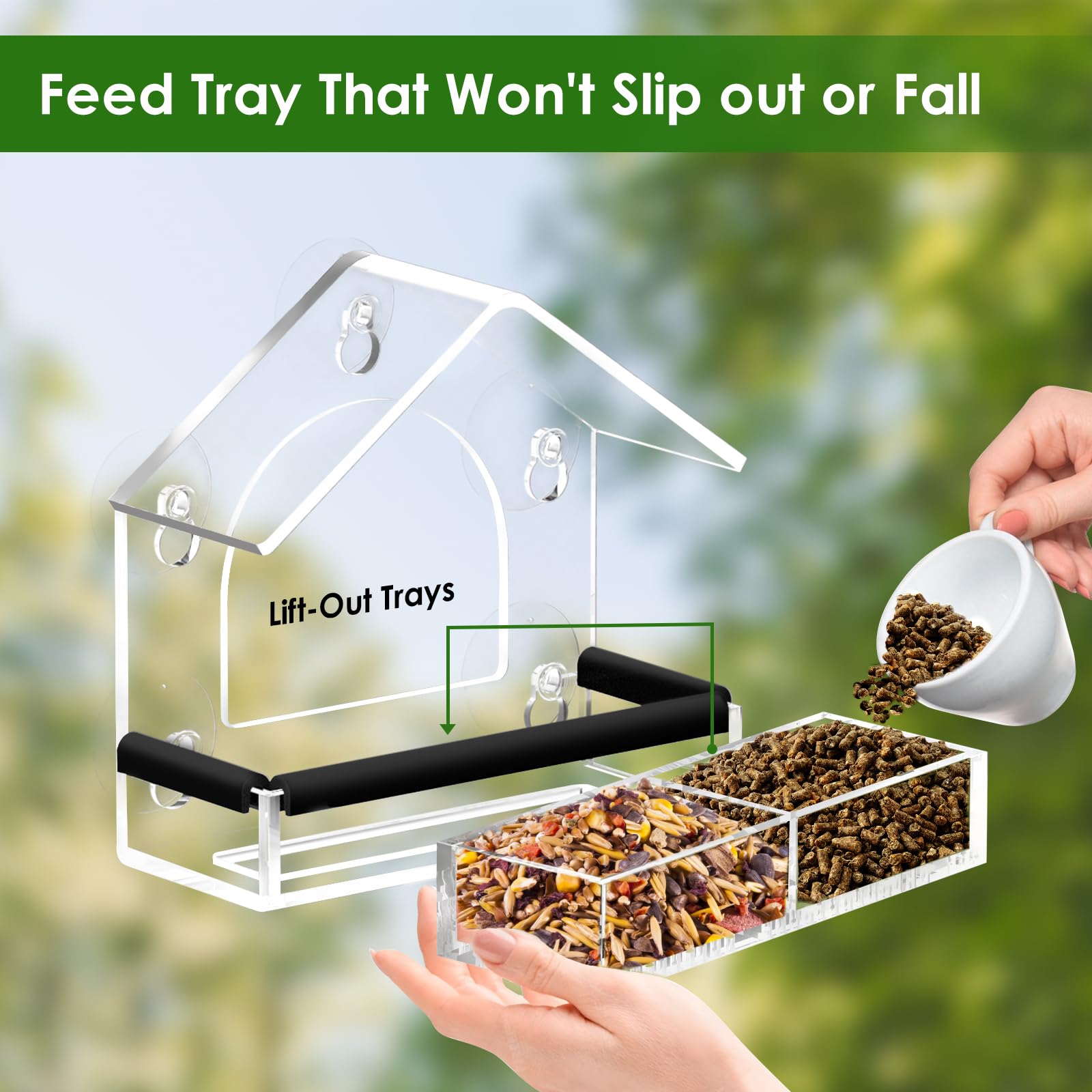 Sloped roof and drainage holes protect seeds from rain for dry, accessible feeding.