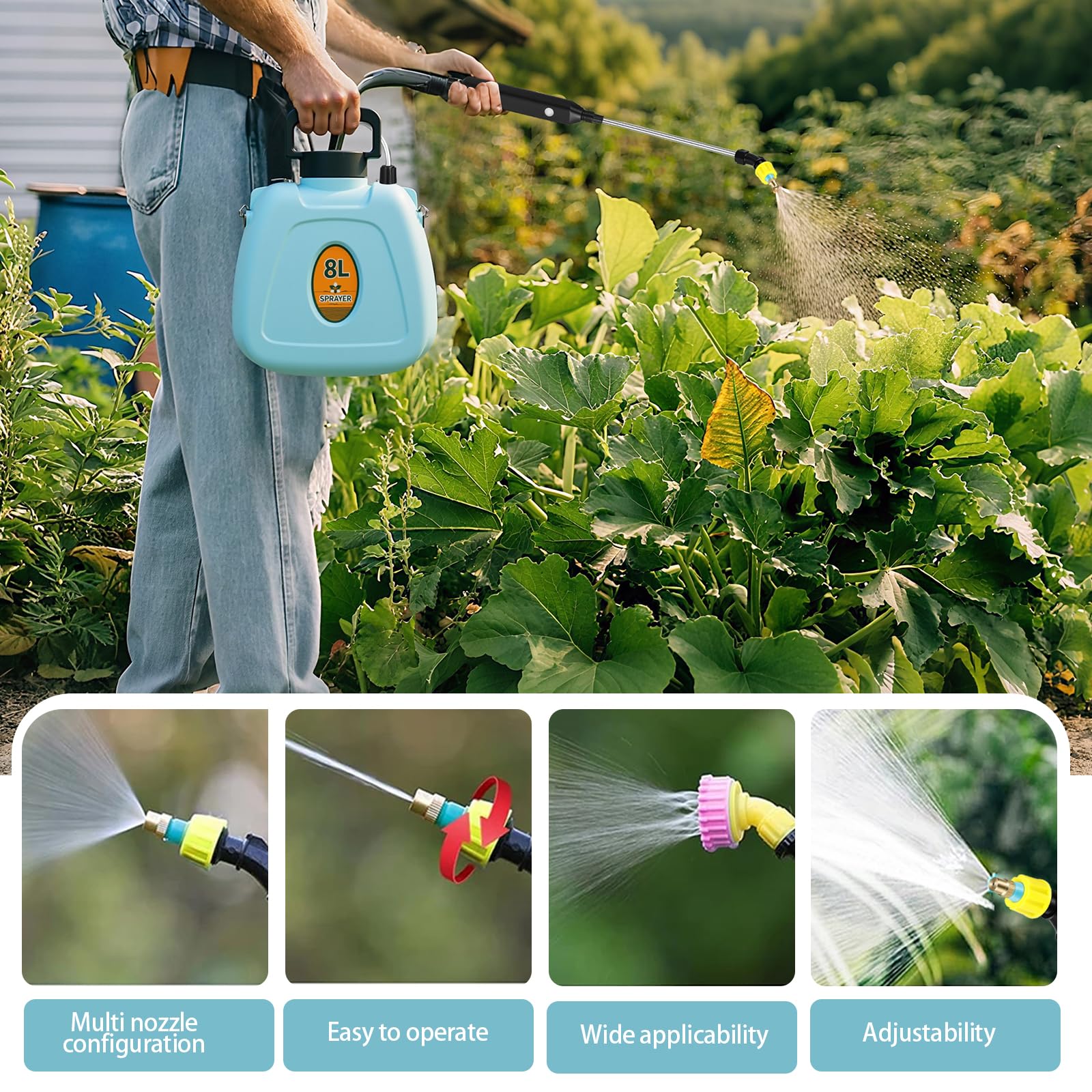 Dyale sprayer with three nozzle settings for precise coverage.