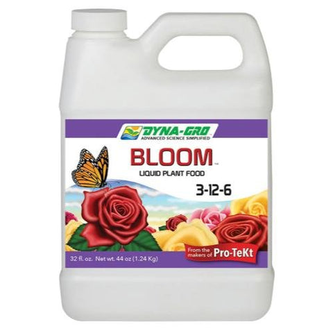 Dyna-Gro Liquid Bloom quart bottle for flowering plants; convenient bloom boost.