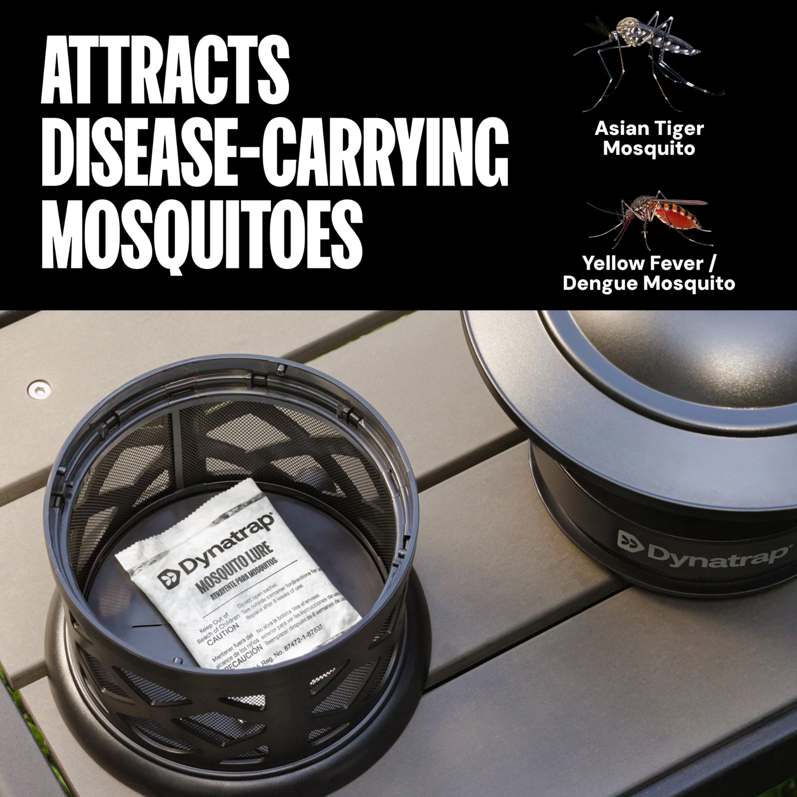 Mimics human skin scents to lure mosquitoes with DynaTrap.