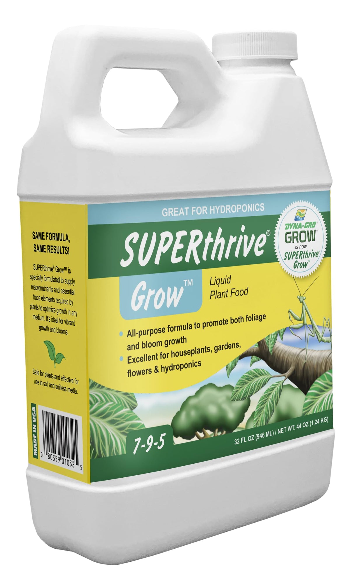 Dynagro Grow 32 oz bottle shown for complete plant nutrition and easier feeding.